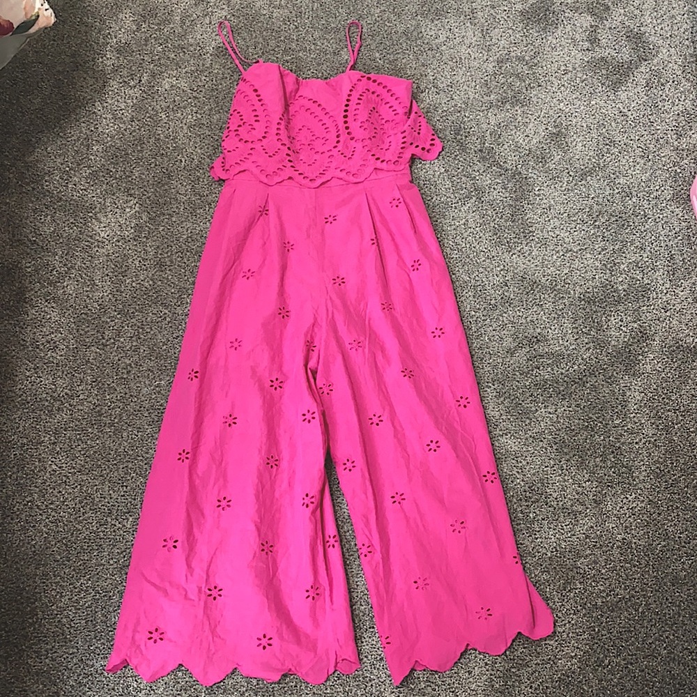 Francesca's Collections Hot Pink Eyelet Wide-Leg Jumpsuit
